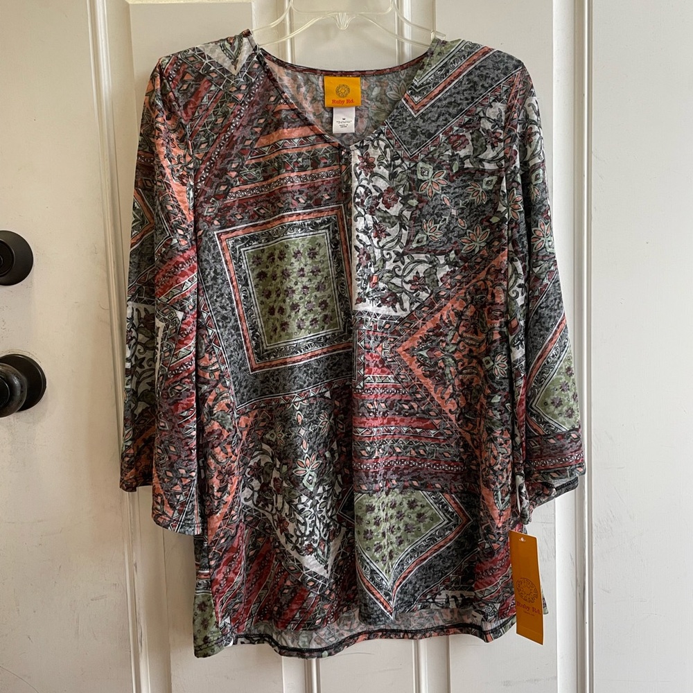 Ruby‎ Rd. Multicolor Lightweight Patterned Blouse, NWT, Size Medium